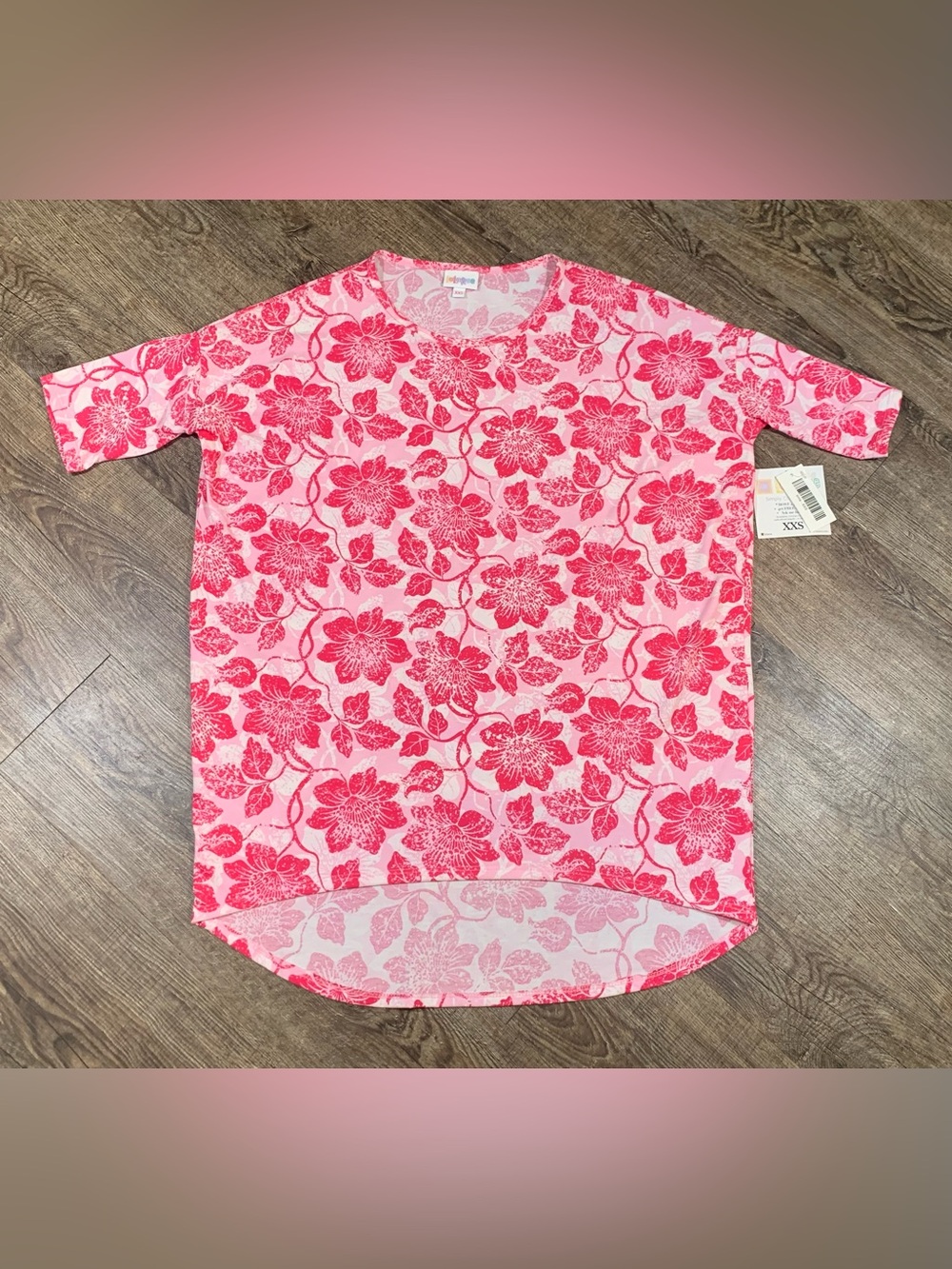 LuLaRoe Irma Tunic Women XXS Pink Floral High Low Short Sleeve Top